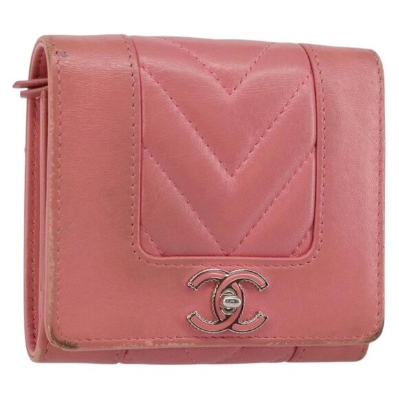 CHANEL V Stitch COCO Mark Trifold Wallet Lamb Skin Pink Silver CC Auth 146750